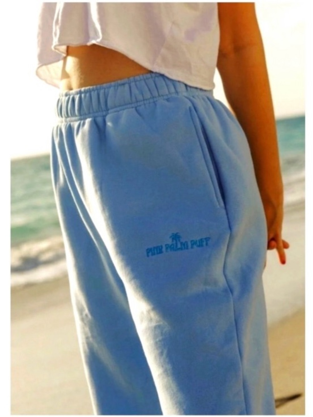 PINK PALM PUFF JOGGERS SZ XS SHORT BLUE SWEATPANTS